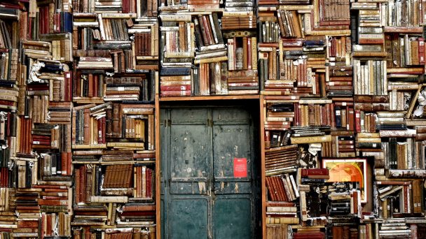 Ein Raum ist überfüllt mit Büchern. Mittendrin eine blaue Tür.